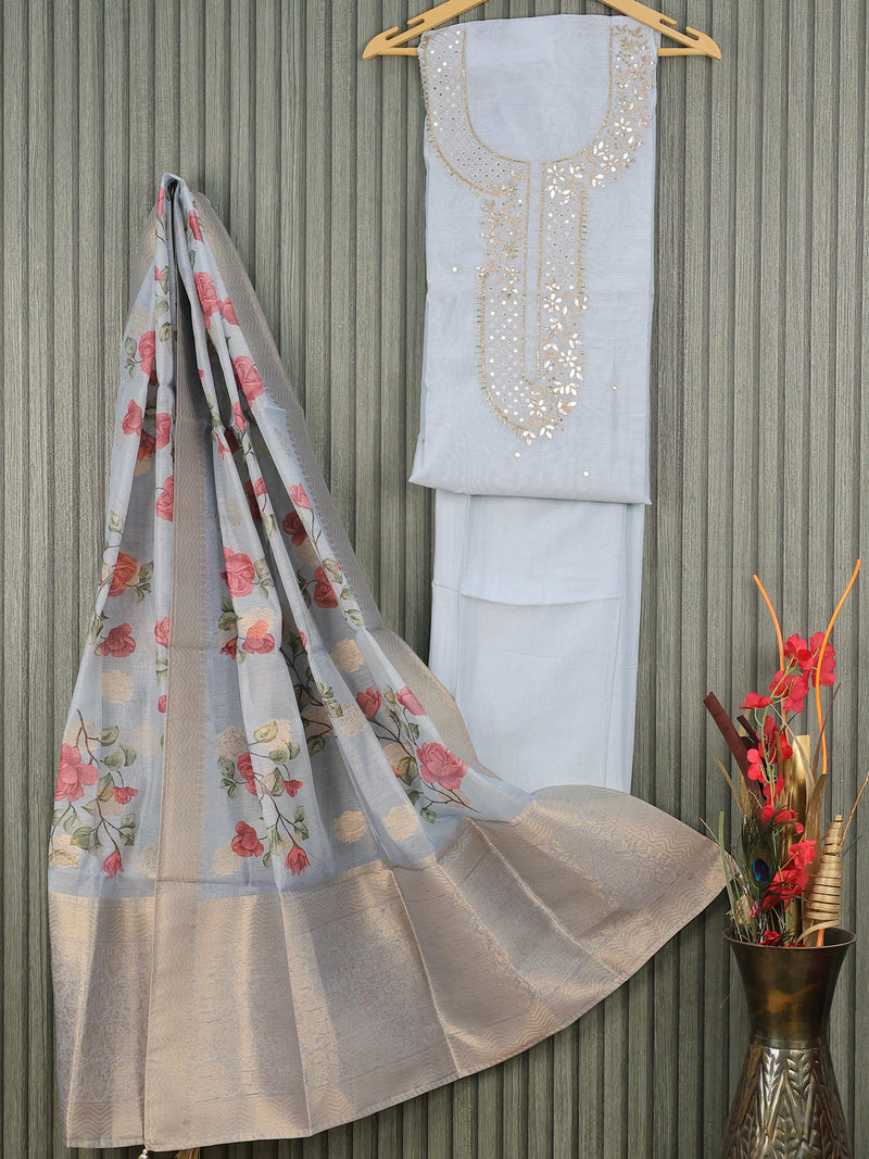 Chanderi dress material pastel blue shade with embroidery work neck pattern and bottom & banarasi style dupatta