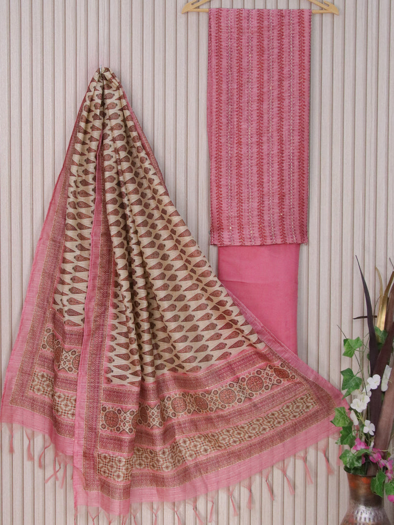 Chanderi dress material pastel pink and beige with allover kantha stitch work and bottom & printed dupatta