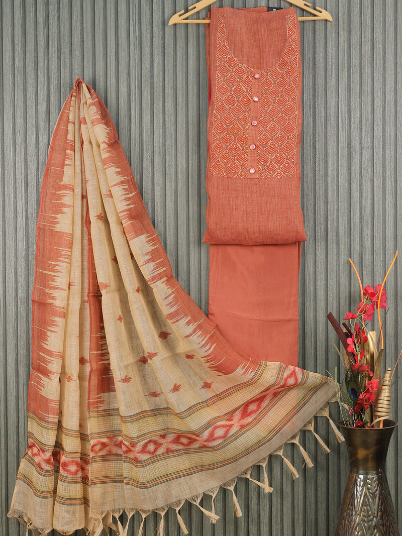 Tissue linen dress material rustic orange with kantha stitch work embroidery neck pattern and bottom & printed dupatta