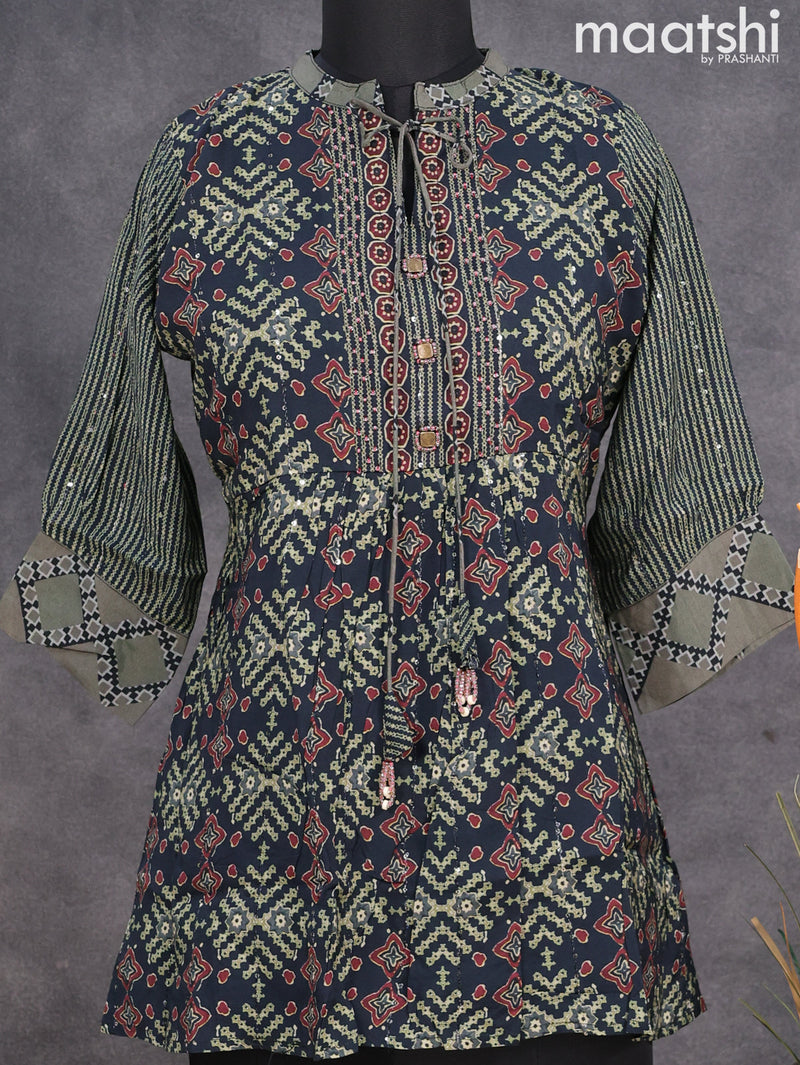 Muslin readymade short kurti dark blue with allover ikat prints & beaded work neck pattern without pant