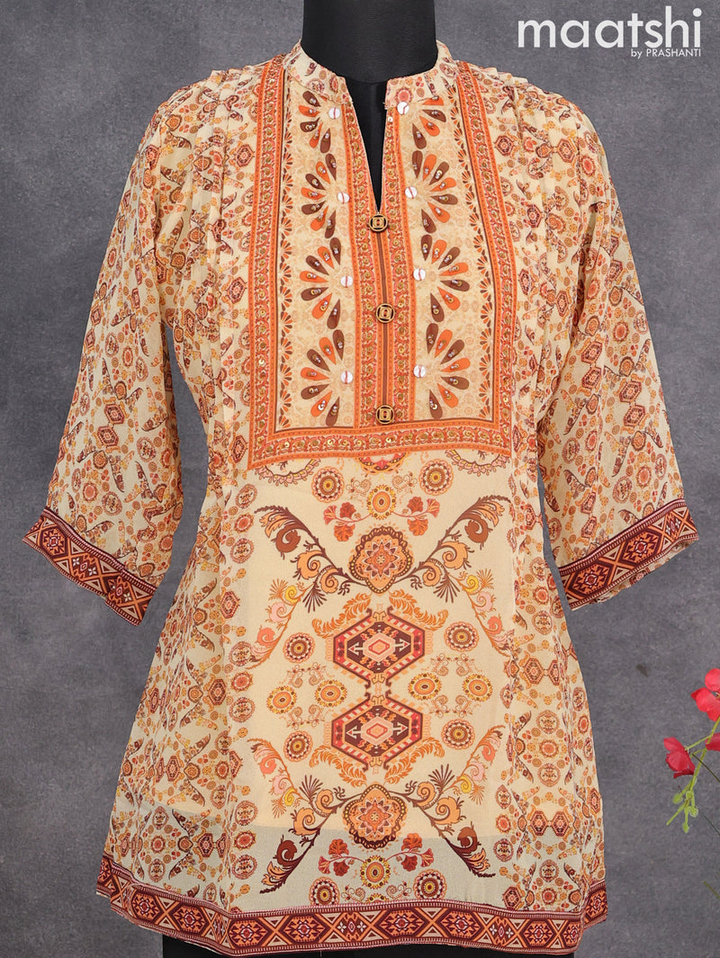 Chiffon readymade short kurti sandal with allover prints & beaded work neck pattern without pant