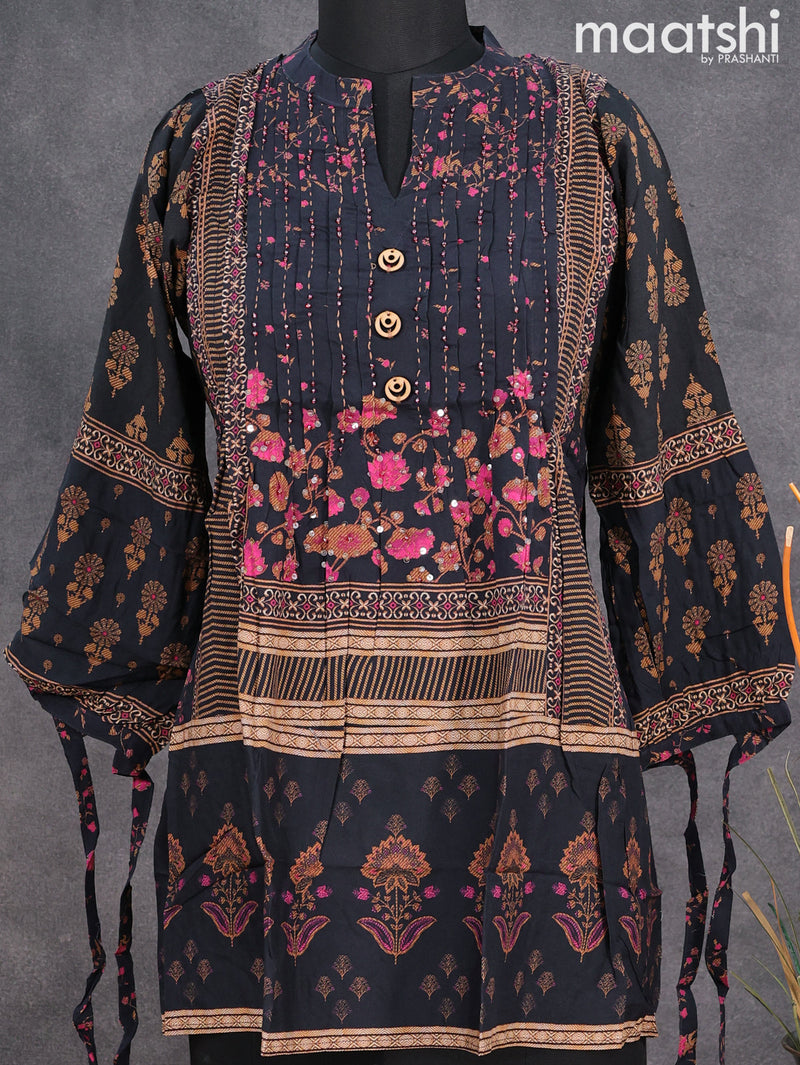 Cotton readymade short kurti navy blue with floral prints & beaded work neck pattern without pant