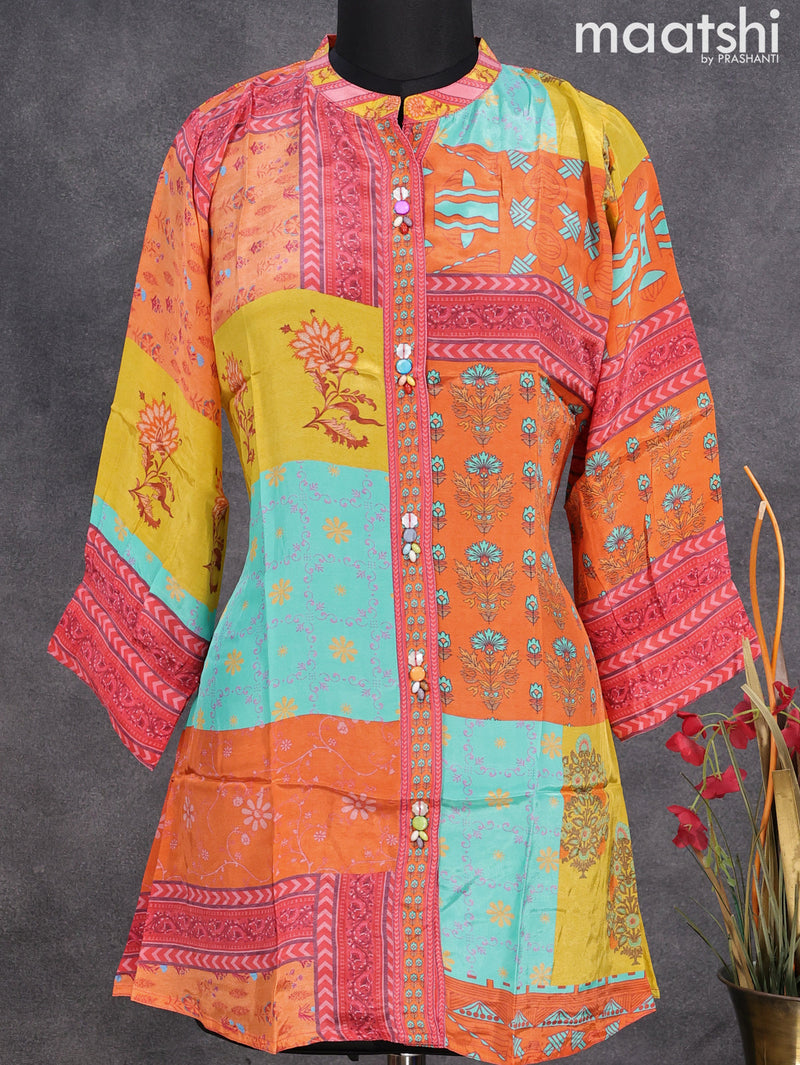 Muslin readymade short kurti multi colour with allover prints & simple neck pattern without pant