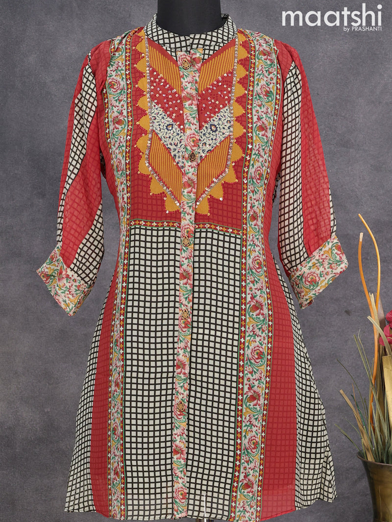 Chiffon readymade short kurti beige and black with allover prints & sequin work neck pattern without pant