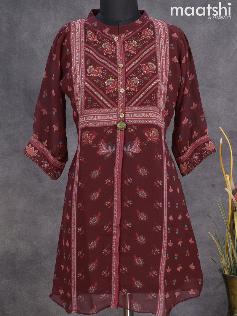 Chiffon readymade short kurti deep maroon with allover prints & sequin work neck pattern without pant