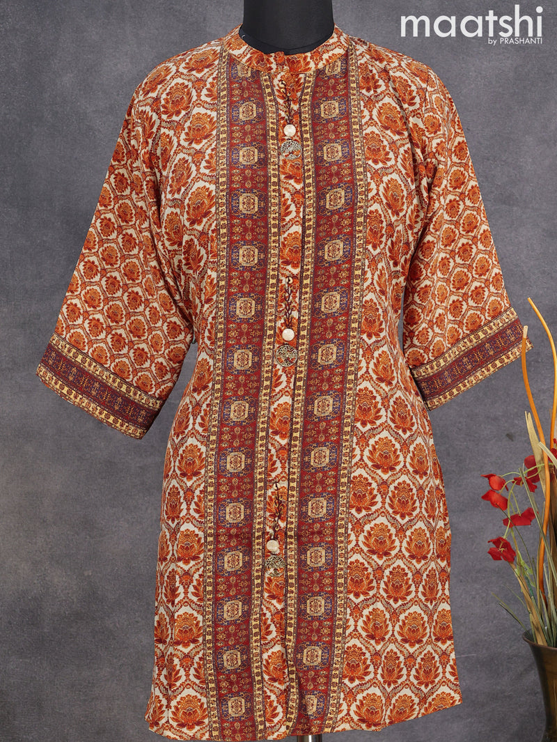 Muslin readymade short kurti cream and maroon with allover prints & simple neck pattern without pant