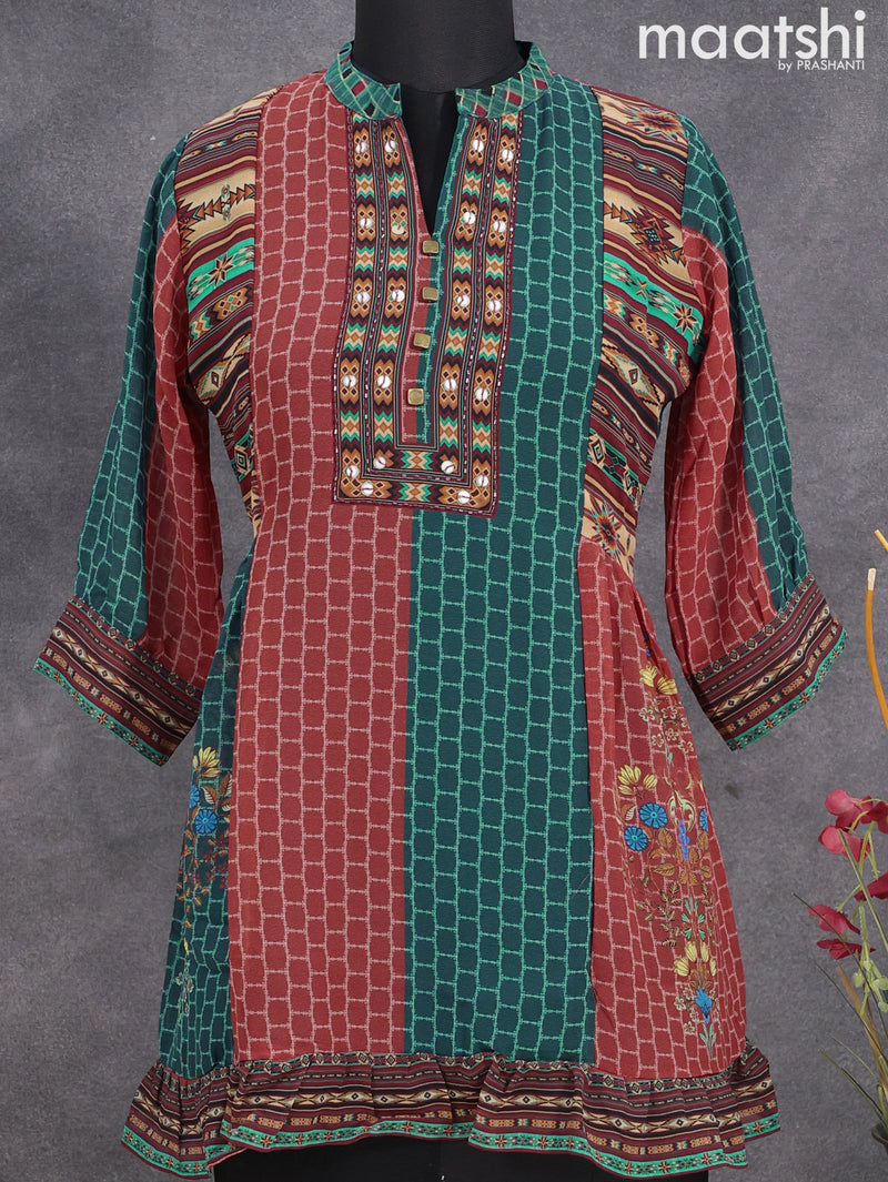 Chiffon readymade short kurti peacock blue and red with allover prints & beaded work neck pattern without pant
