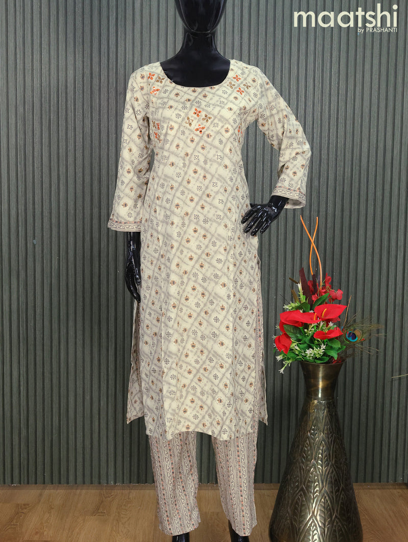 Rayon readymade kurti set grey with allover prints & embroidery mirror work neck pattern and straight cut pant