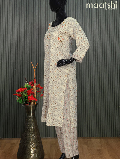 Rayon readymade kurti set grey with allover prints & embroidery mirror work neck pattern and straight cut pant