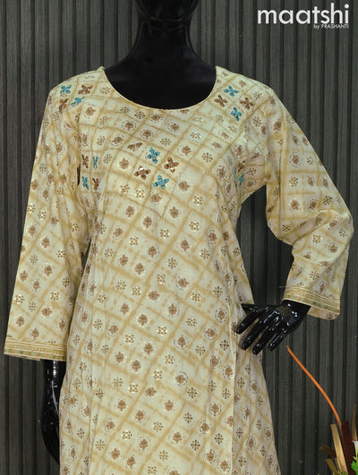 Rayon readymade kurti set elachi green with allover prints & embroidery mirror work neck pattern and straight cut pant