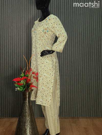 Rayon readymade kurti set elachi green with allover prints & embroidery mirror work neck pattern and straight cut pant