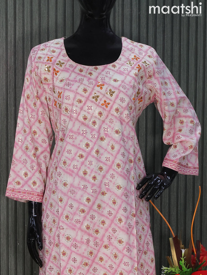 Rayon readymade kurti set pink with allover prints & embroidery mirror work neck pattern and straight cut pant