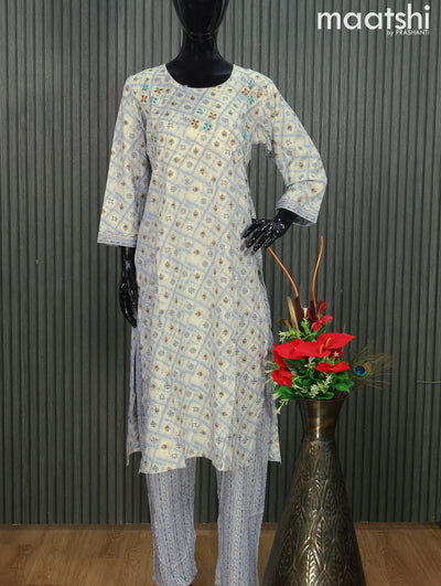Rayon readymade kurti set off white and greyish blue with allover prints & embroidery mirror work neck pattern and straight cut pant