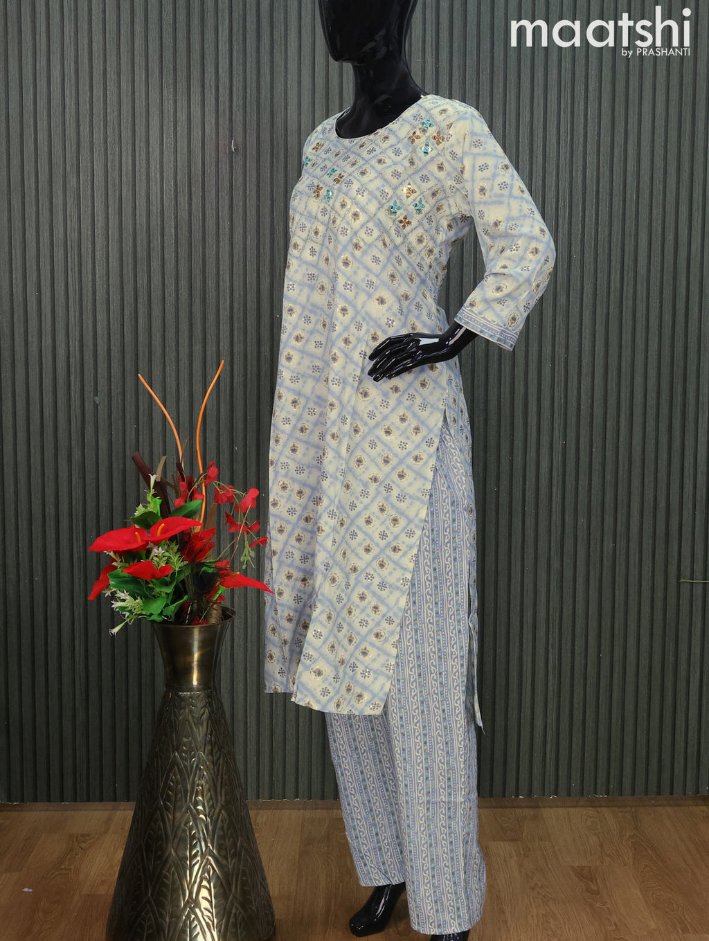 Rayon readymade kurti set off white and greyish blue with allover prints & embroidery mirror work neck pattern and straight cut pant