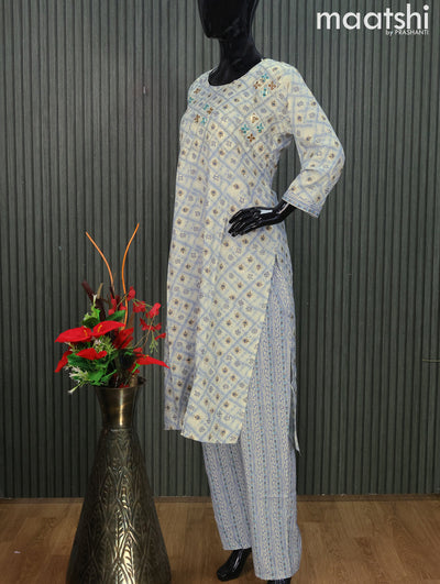 Rayon readymade kurti set off white and greyish blue with allover prints & embroidery mirror work neck pattern and straight cut pant