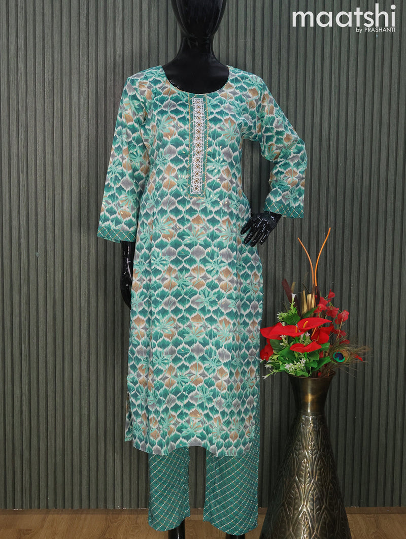 Rayon readymade kurti set blue with allover prints & embroidery sequin work neck pattern and straight cut pant