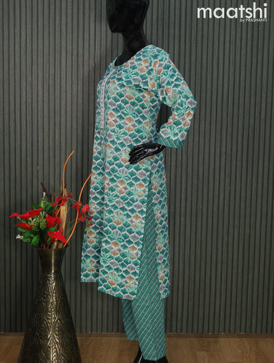 Rayon readymade kurti set blue with allover prints & embroidery sequin work neck pattern and straight cut pant