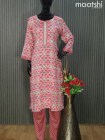 Rayon readymade kurti set red with allover prints & embroidery sequin work neck pattern and straight cut pant