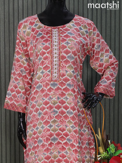 Rayon readymade kurti set red with allover prints & embroidery sequin work neck pattern and straight cut pant