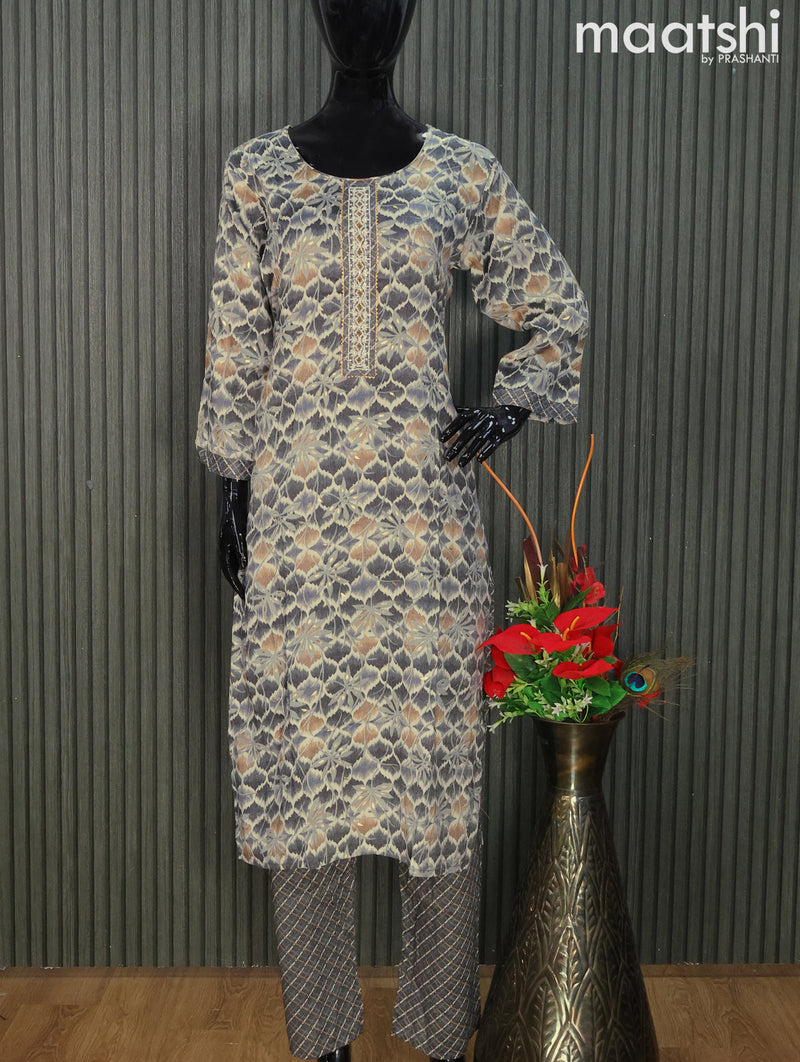 Rayon readymade kurti set grey with allover prints & embroidery sequin work neck pattern and straight cut pant