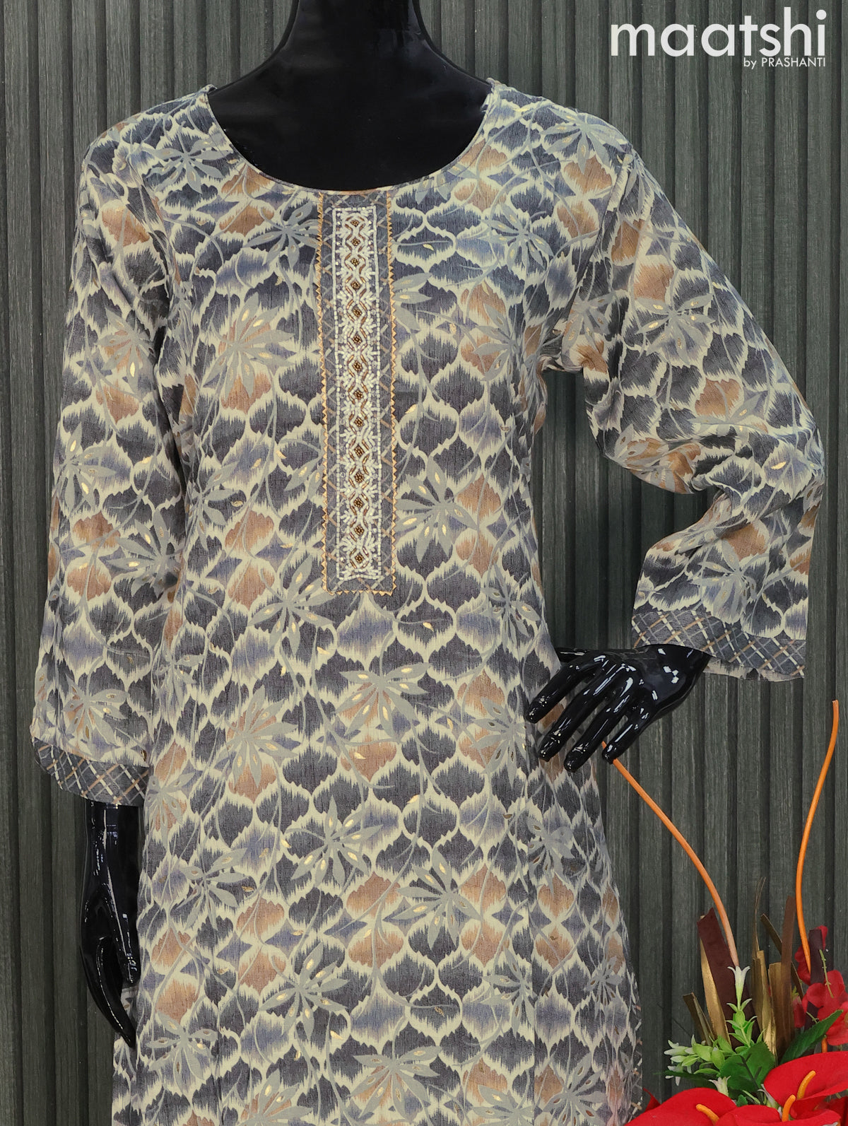 Rayon readymade kurti set grey with allover prints embroidery sequin Maatshi