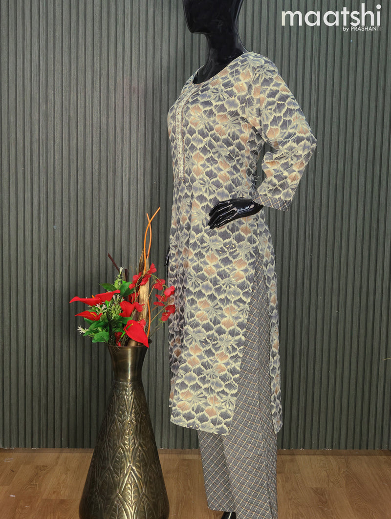 Rayon readymade kurti set grey with allover prints & embroidery sequin work neck pattern and straight cut pant