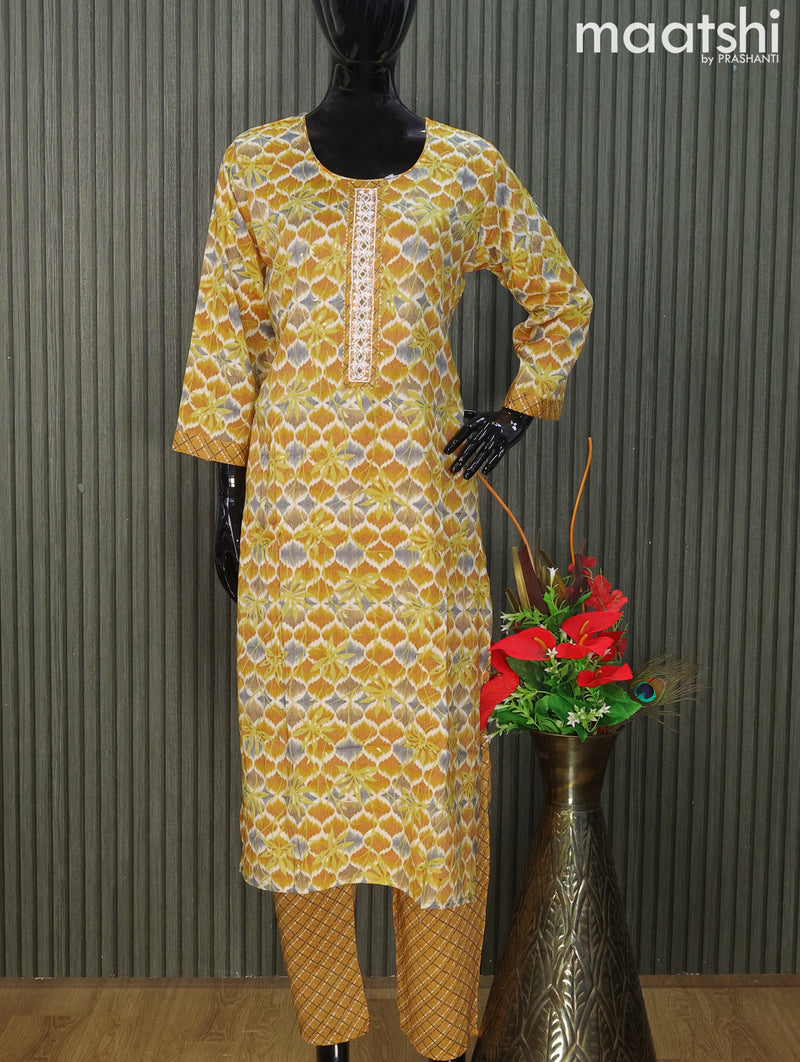 Rayon readymade kurti set yellow with allover prints & embroidery sequin work neck pattern and straight cut pant