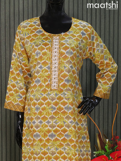 Rayon readymade kurti set yellow with allover prints & embroidery sequin work neck pattern and straight cut pant