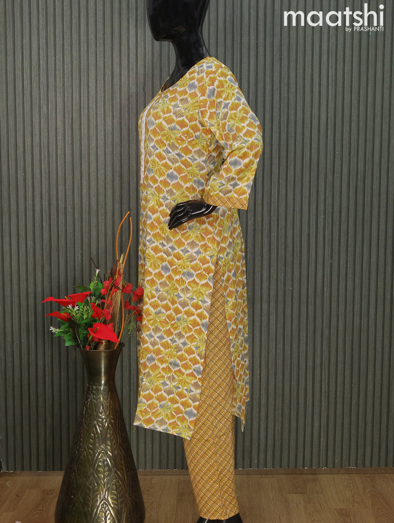 Rayon readymade kurti set yellow with allover prints & embroidery sequin work neck pattern and straight cut pant