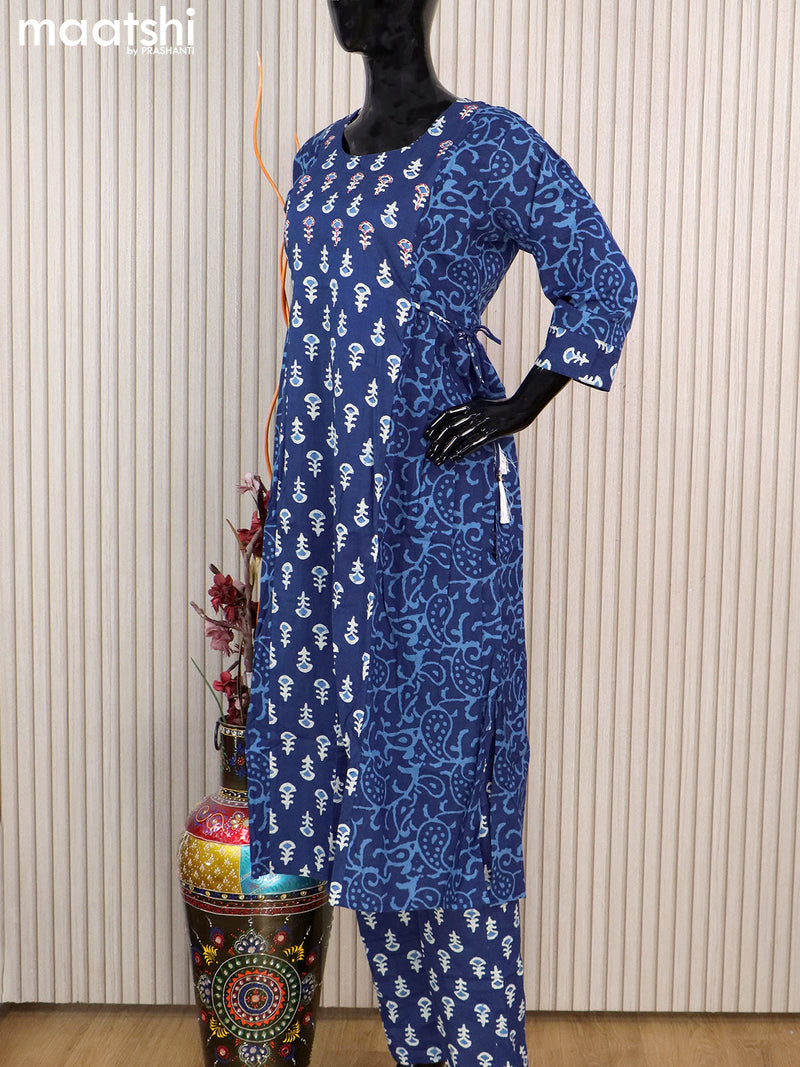 Cotton readymade salwar suits indigo blue with allover batik butta prints & kantha stitch work neck and straight cut pant & cotton dupatta