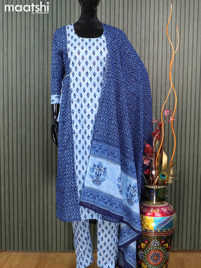 Cotton readymade salwar suits blue shade and navy blue with allover prints & kantha stitch work neck pattern and straight cut pant & cotton dupatta