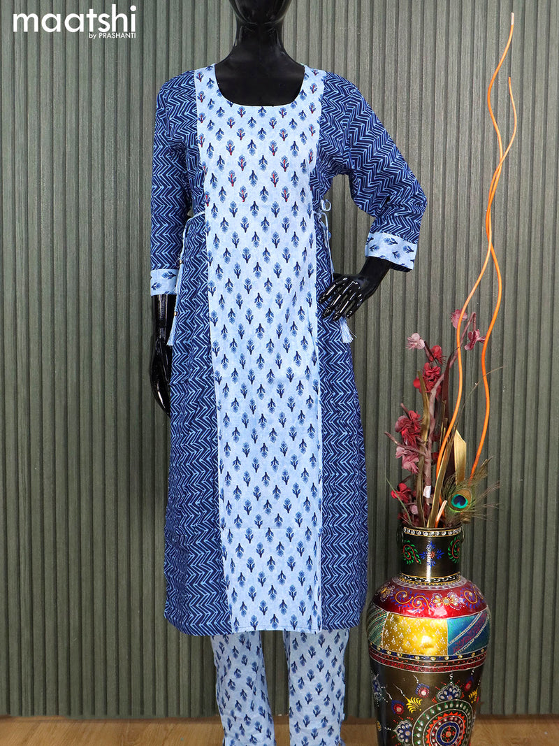 Cotton readymade salwar suits blue shade and navy blue with allover prints & kantha stitch work neck pattern and straight cut pant & cotton dupatta