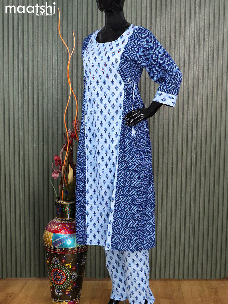 Cotton readymade salwar suits blue shade and navy blue with allover prints & kantha stitch work neck pattern and straight cut pant & cotton dupatta
