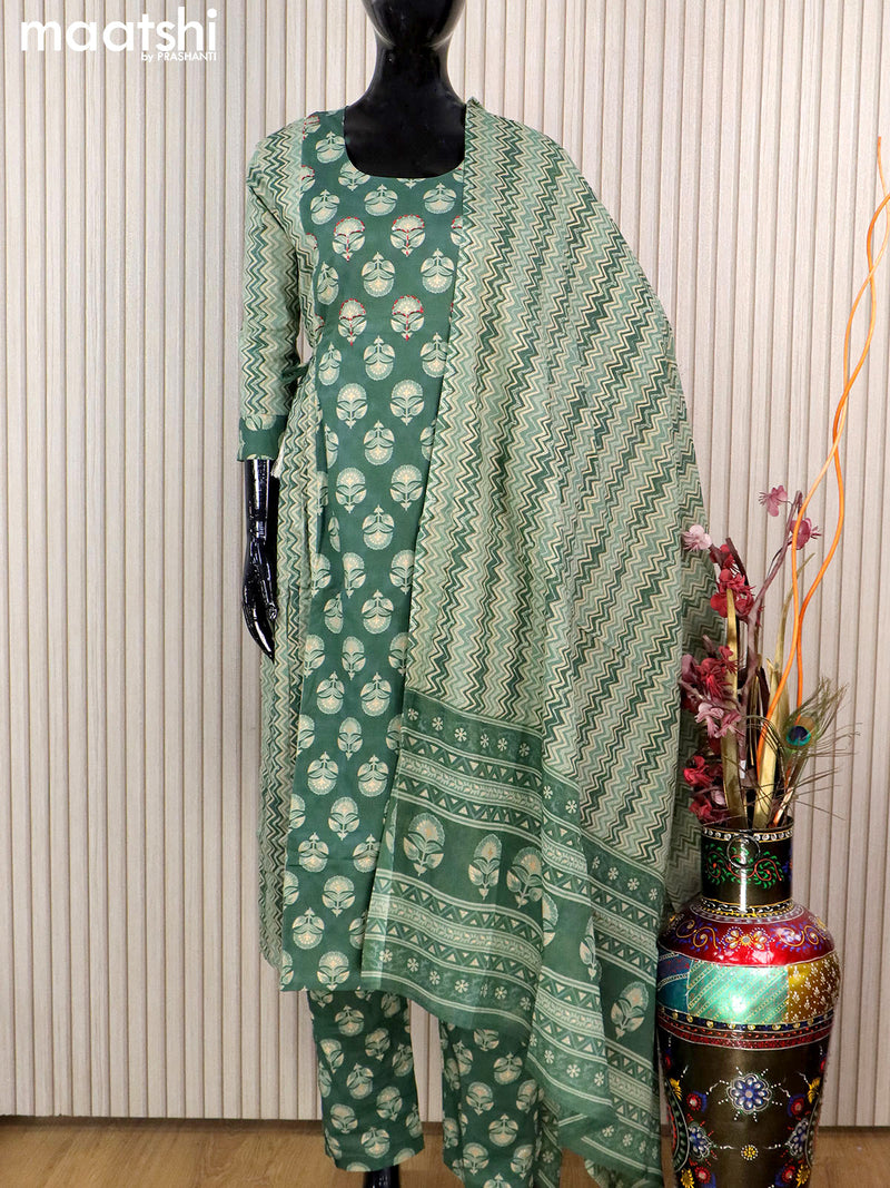 Cotton readymade salwar suits green with allover prints & kantha stitch work neck pattern and straight cut pant & cotton dupatta