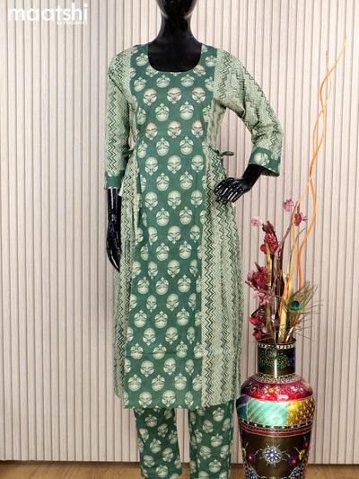 Cotton readymade salwar suits green with allover prints & kantha stitch work neck pattern and straight cut pant & cotton dupatta
