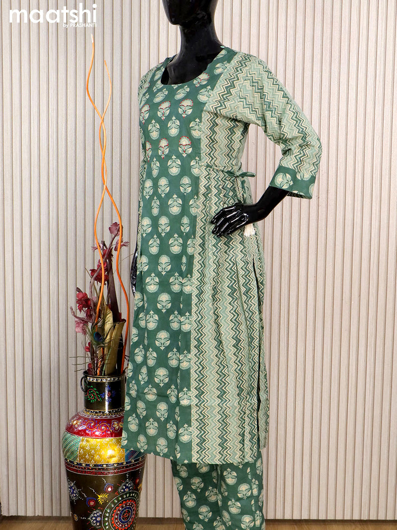 Cotton readymade salwar suits green with allover prints & kantha stitch work neck pattern and straight cut pant & cotton dupatta