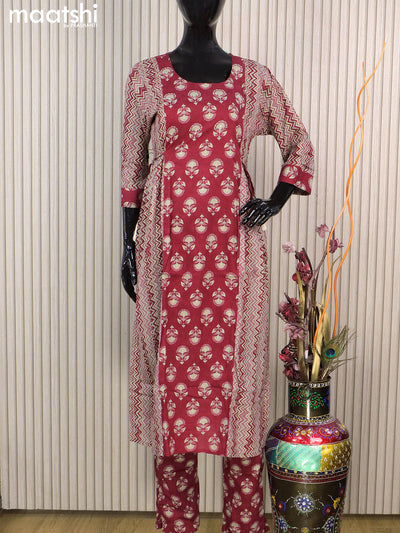 Cotton readymade salwar suits maroon and grey shade with allover prints & kantha stitch work neck pattern and straight cut pant & cotton dupatta