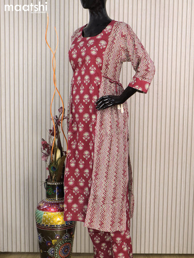 Cotton readymade salwar suits maroon and grey shade with allover prints & kantha stitch work neck pattern and straight cut pant & cotton dupatta