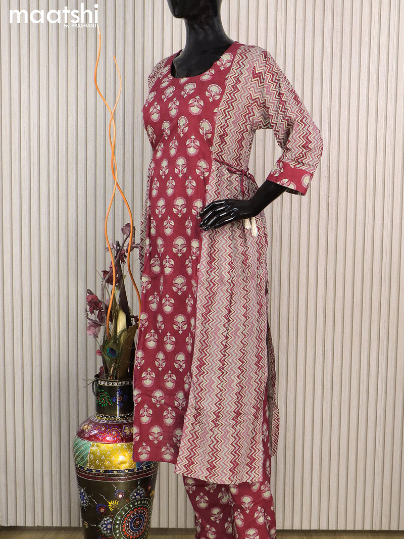 Cotton readymade salwar suits maroon and grey shade with allover prints & kantha stitch work neck pattern and straight cut pant & cotton dupatta