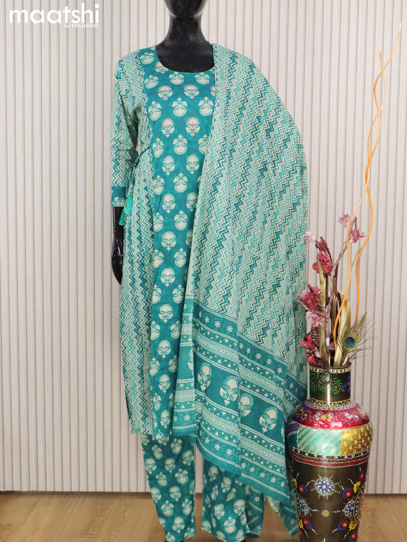 Cotton readymade salwar suits teal blue shade and grey shade with allover prints & kantha stitch work neck pattern and straight cut pant & cotton dupatta