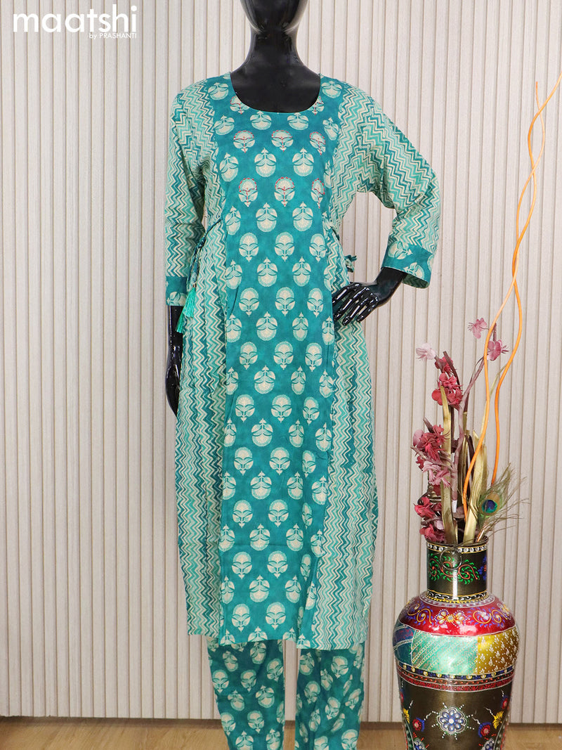 Cotton readymade salwar suits teal blue shade and grey shade with allover prints & kantha stitch work neck pattern and straight cut pant & cotton dupatta