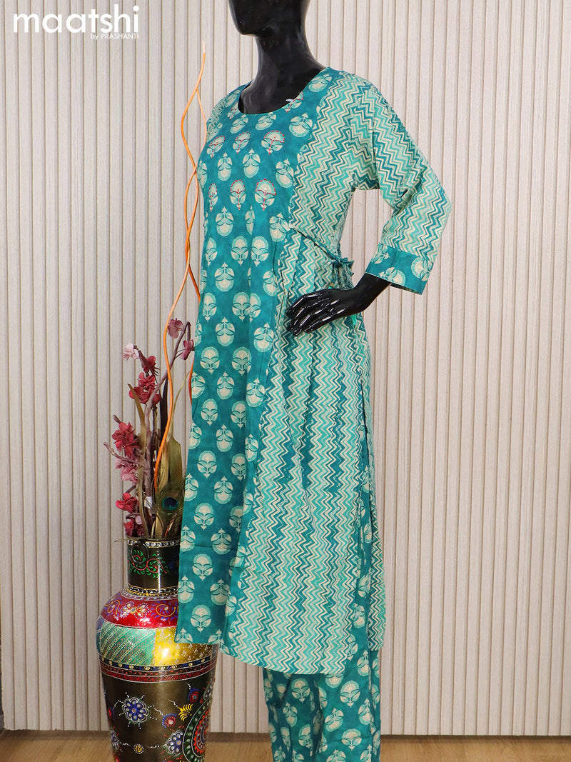 Cotton readymade salwar suits teal blue shade and grey shade with allover prints & kantha stitch work neck pattern and straight cut pant & cotton dupatta
