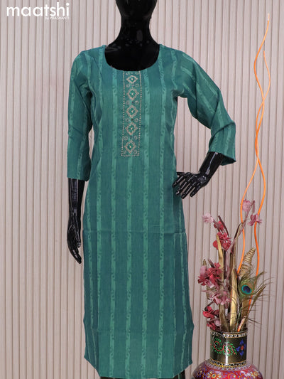 Rayon readymade kurti peacock green with allover thread weaves & mirror embroidery neck pattern without pant