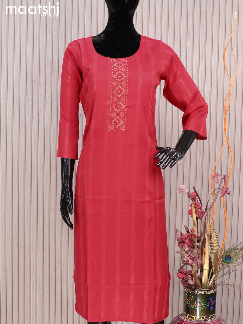 Rayon readymade kurti red with allover thread weaves & mirror embroidery neck pattern without pant