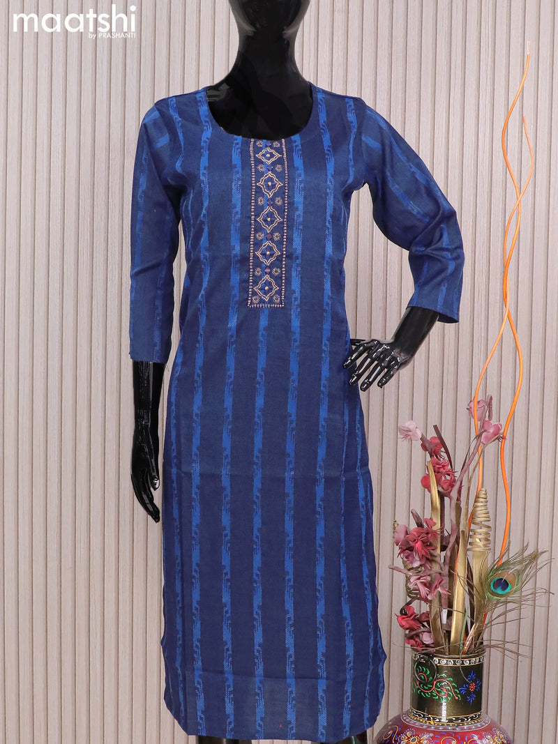 Rayon readymade kurti dark blue with allover thread weaves & mirror embroidery neck pattern without pant