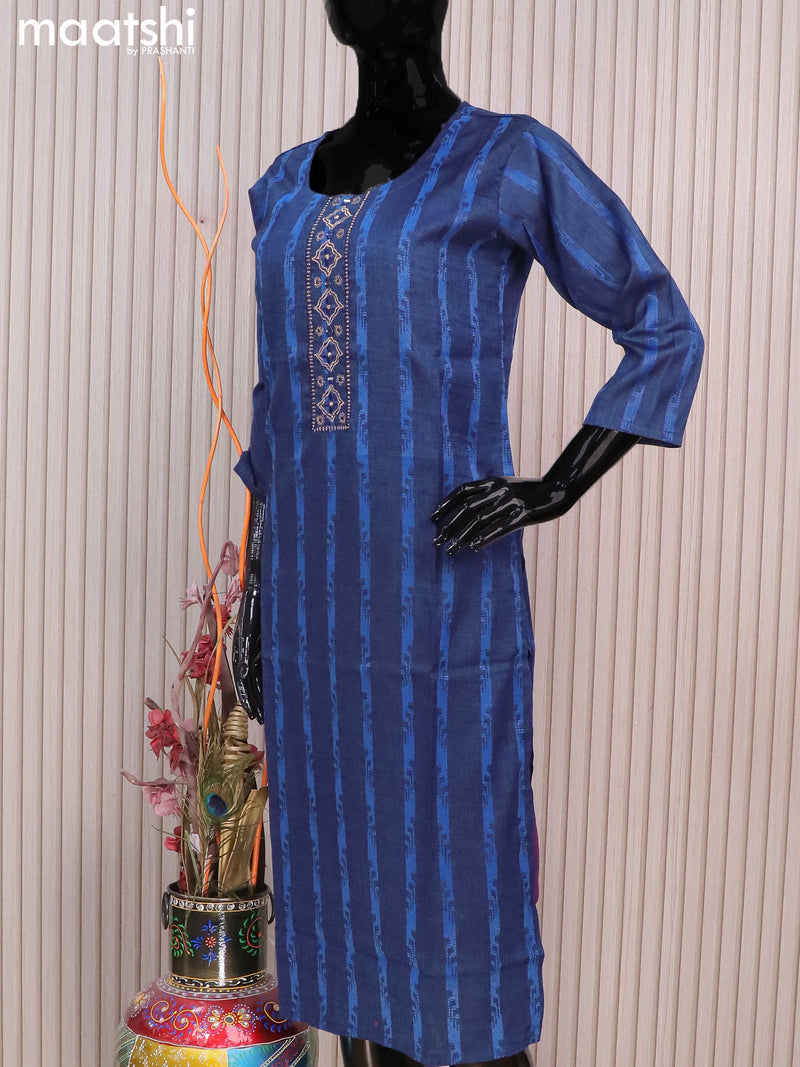 Rayon readymade kurti dark blue with allover thread weaves & mirror embroidery neck pattern without pant