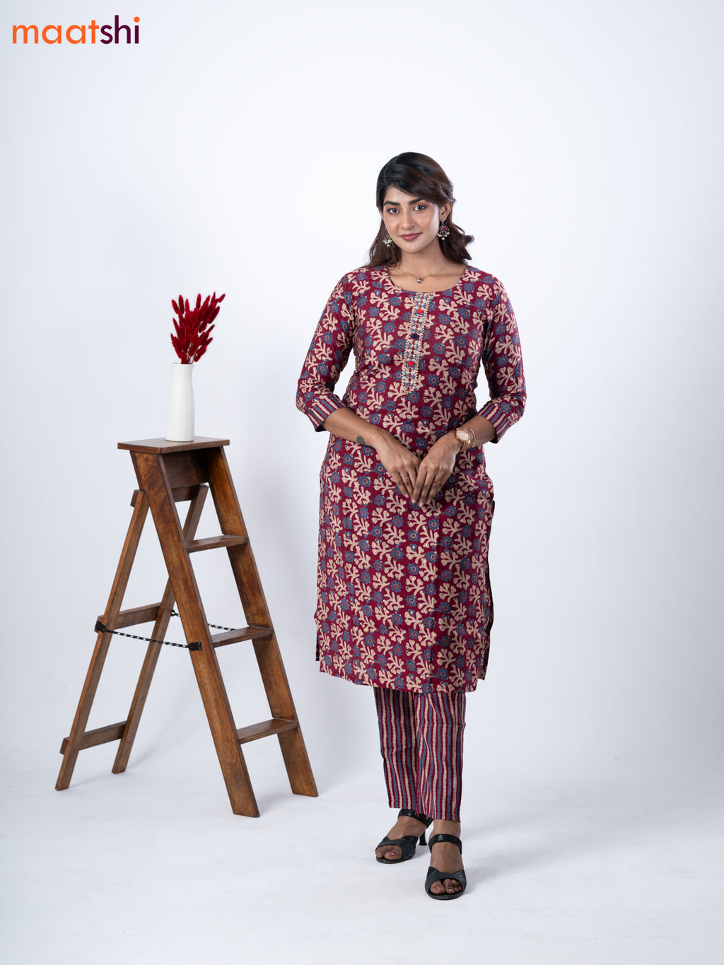 Modal kurti set maroon with allover prints & embroidery mirror patch work neck pattern and straight cut pant
