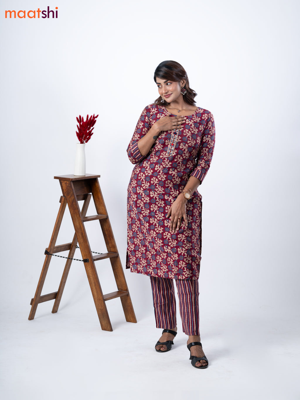 Modal kurti set maroon with allover prints & embroidery mirror patch work neck pattern and straight cut pant