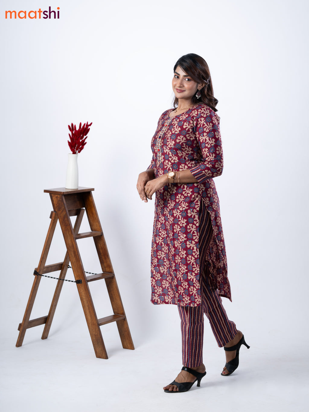 Modal kurti set maroon with allover prints & embroidery mirror patch work neck pattern and straight cut pant