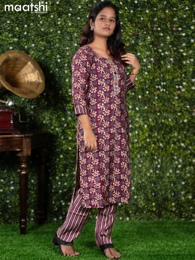 Modal readymade kurti set maroon with allover prints & embroidery mirror patch work neck pattern and straight cut pant